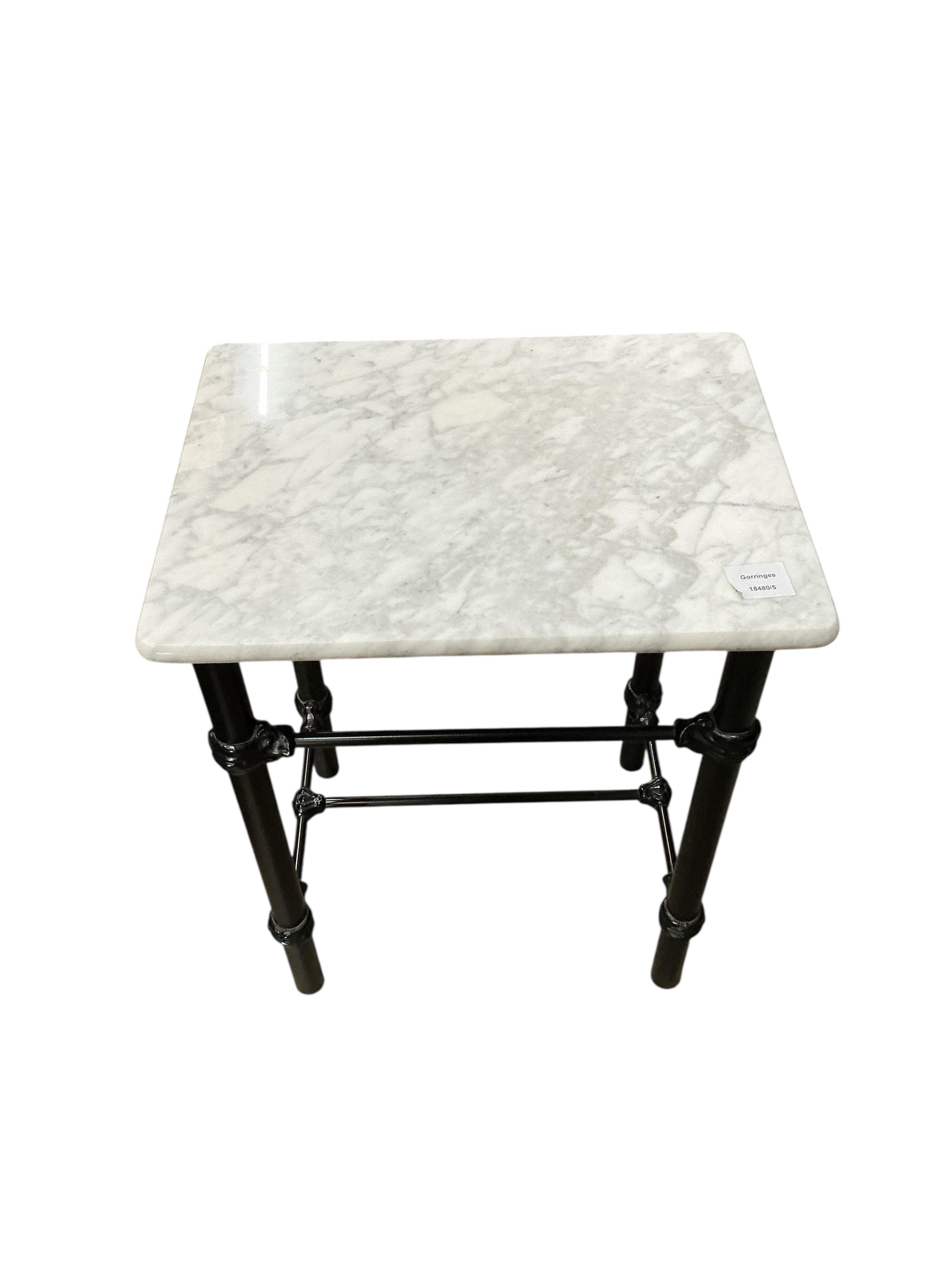 A pair of rectangular reconstituted marble and cast metal occasional tables, width 46cm, depth 35cm, height 59cm